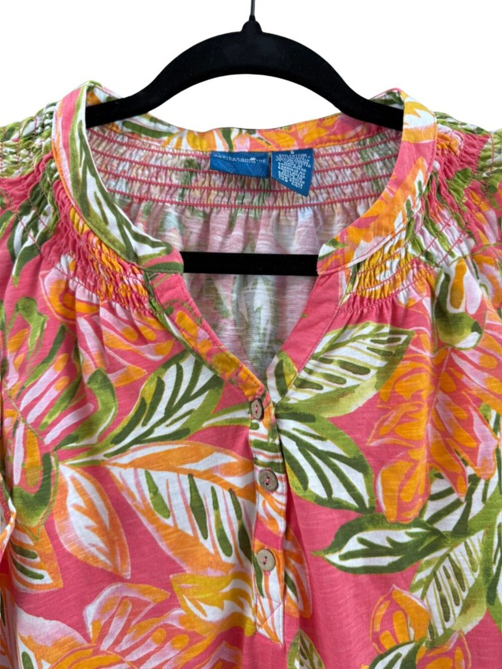 Caribbean Joe Tropical Floral Sleeveless Henley Tank Top Pink Green Women's S - Picture 2 of 6